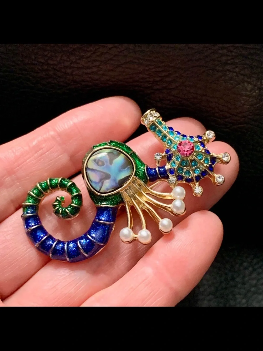 Green and Blue Seahorse Brooch with Abalone Center and Pearls